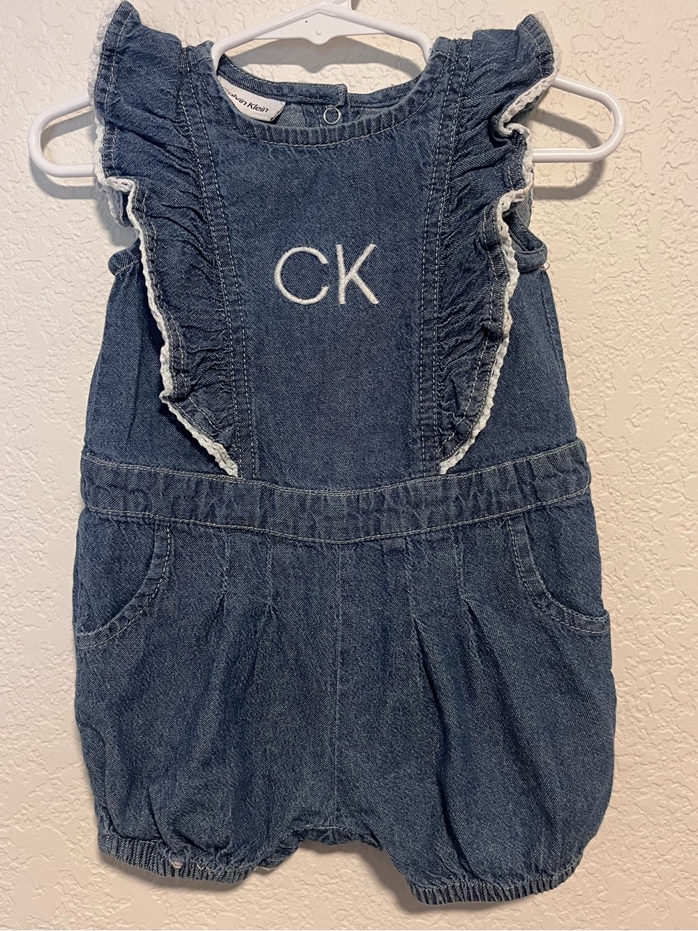 Calvin Klein Denim Overalls Romper in Classic Blue